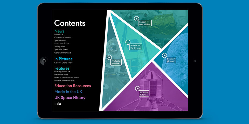 The SpaceUK magazine contents page on an iPad screen. It is illustrated with photographs tinted blue, turquoise and purple, divided by diagonal lines.