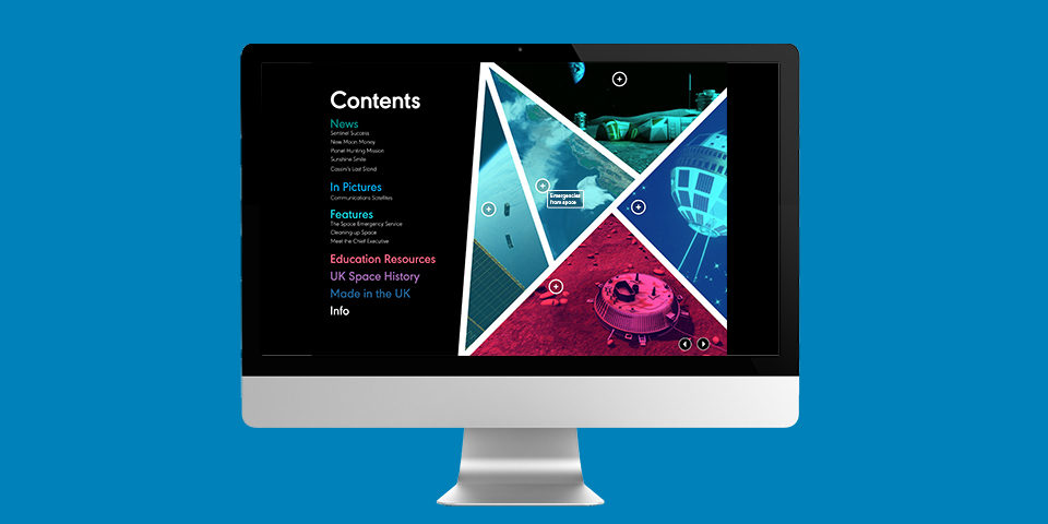 The Space UK magazine contents page is shown on the screen of a Mac, against a blue background.