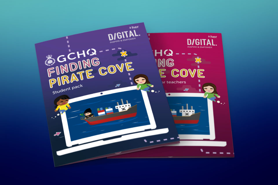 Two booklets entitled 'Finding pirate cove'. On the front is a cartoon laptop with a cartoon pirate ship and two GCHQ characters on either side of it.