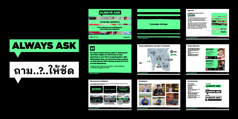 A series of 9 icons illustrate the logo, branding and colour scheme of the 'Always Ask' campaign. 'Always Ask' is in a green speech bubble, and the Thai translation is underneath in a white speech bubble.