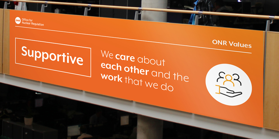 A banner outlining one of the ONR’s values. It reads, ‘Supportive: we care about each other and the work that we do’.