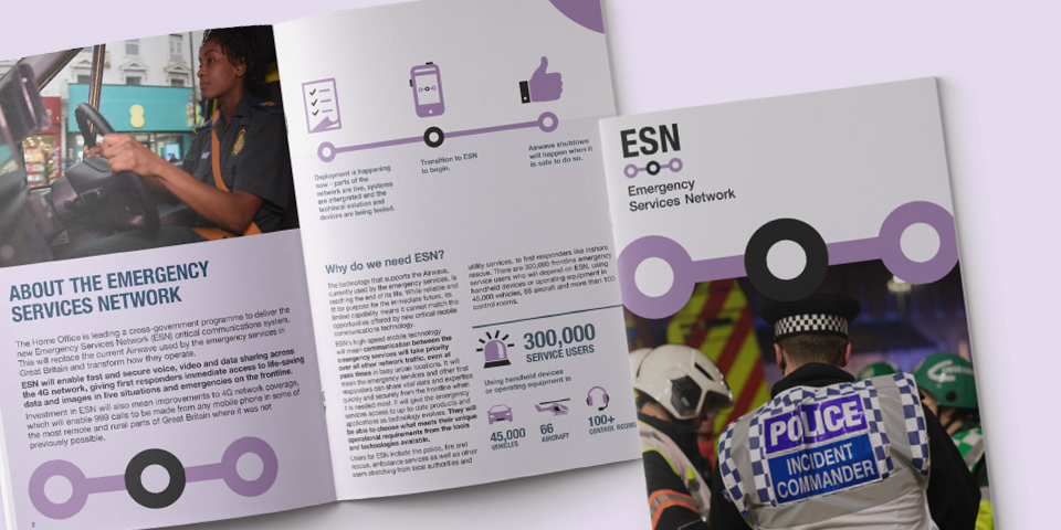 A double-page spread of the ESN booklet showing the brand typography and colour palette, alongside the front cover.