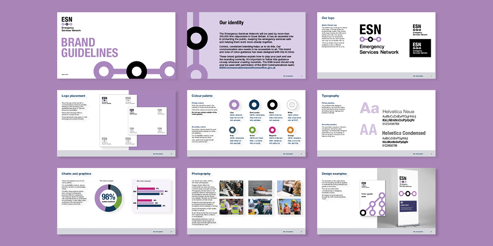 A series of pages from the brand guidelines outlining the logo, logo placement, typography, colour palette, charts. photography and design examples.