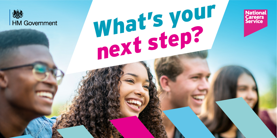 An image of the campaign branding. Four students are smiling in the background, and the slogan in the foreground reads 'What's your next step?'
