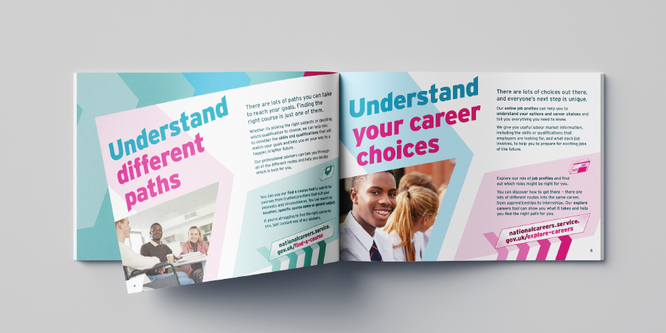 A double-page spread of the booklet. The left page heading is 'Understand different paths', and the right page heading is 'Understand your career choices'.