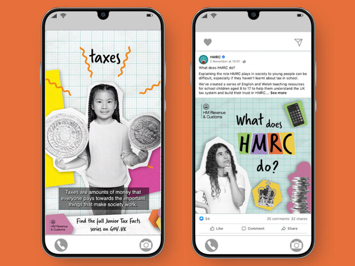 A mobile phone is showing some of the campaign images and animation in situ on social media.