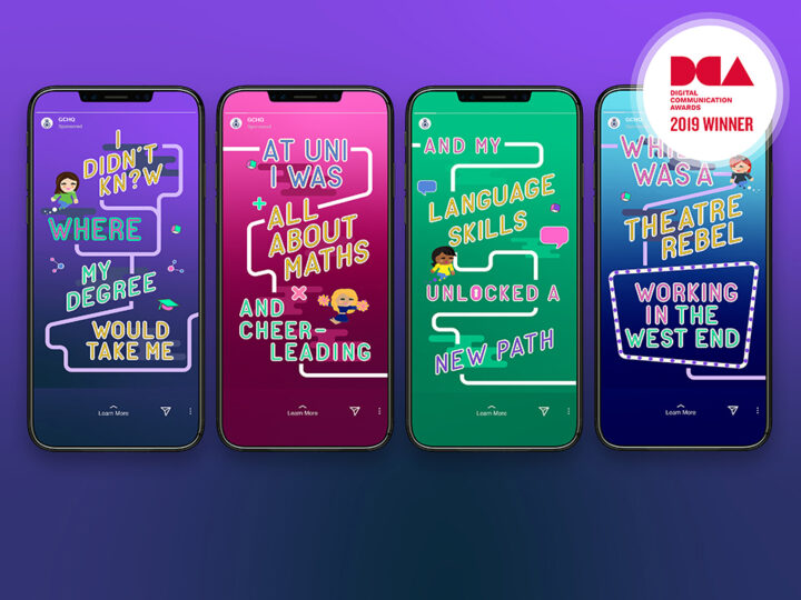 4 smartphones display the campaign as it appeared on Instagram Stories. In the top right hand corner a badge shows that the campaign was a winner of a DBA award.