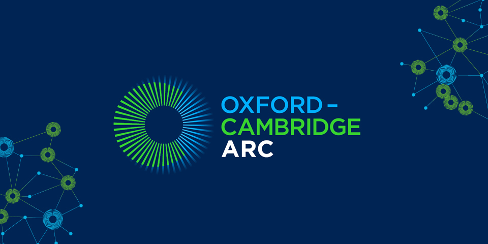 The Oxford-Cambridge Arc logo which shows two interlocking blue and green circles. The blue represents Oxford and the green, Cambridge.