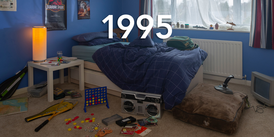 Sexual violence campaign. A teenager's bedroom with posters on the wall and an unmade bed. Some classic 90s toys are laid out on the floor, connect 4, a stretch armstrong and a joystick. The date 1995 is written over the image.