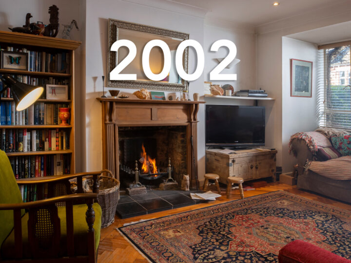 Sexual violence campaign. A living room with a large patterned rug on the floor in front of a lit fireplace. The date 2002 is written over the image.