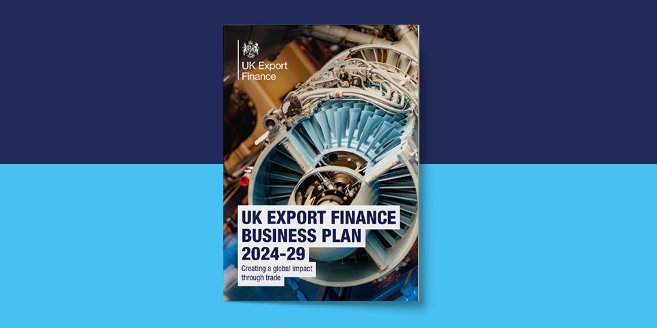 A printed copy of the UK Export Finance business plan against a blue background