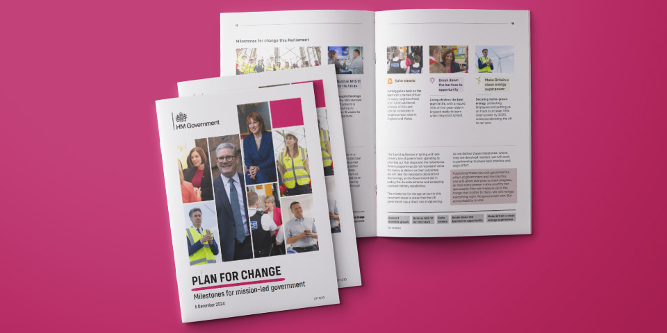The Plan for Change document sits against a pink background