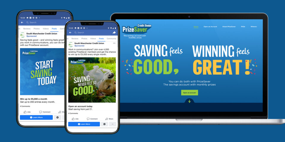 PrizeSaver mackbook and phones mockup each electronic device shows the Prize Saver slogan, Saving never felt so good.