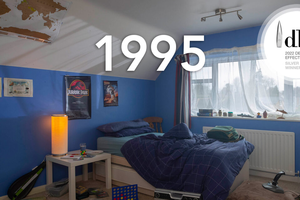 Sexual violence campaign. A teenager's bedroom with posters on the wall and an unmade bed. Some classic 90s toys are laid out on the floor, connect 4, a stretch armstrong and a joystick. The date 1995 is written over the image. The DBA 2022 design effectiveness silver award winner