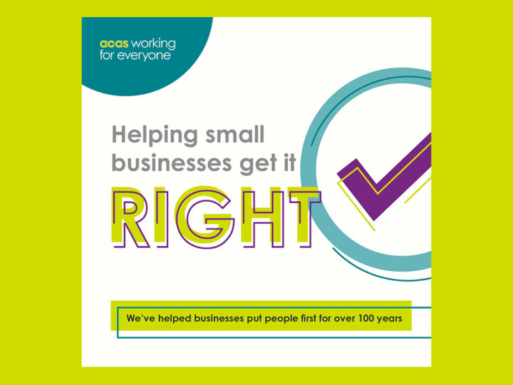 An example of a social media post. The post features a headline 'Helping small businesses get it right' next to a large purple tick in a blue circle. The text at the bottom of the image reads 'We've helped businesses put people first for over 100 years'.