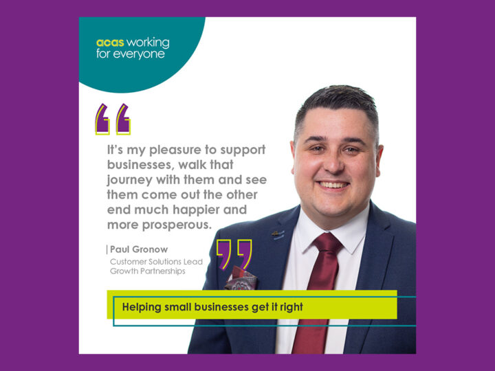 An example of a social media post. An image of Paul Gronow, the Customer Solutions Lead at ACAS, is next to a quote. The quote reads 'It's my pleasure to support businesses, walk that journey with them and see them come out the other end much happier and more prosperous.'